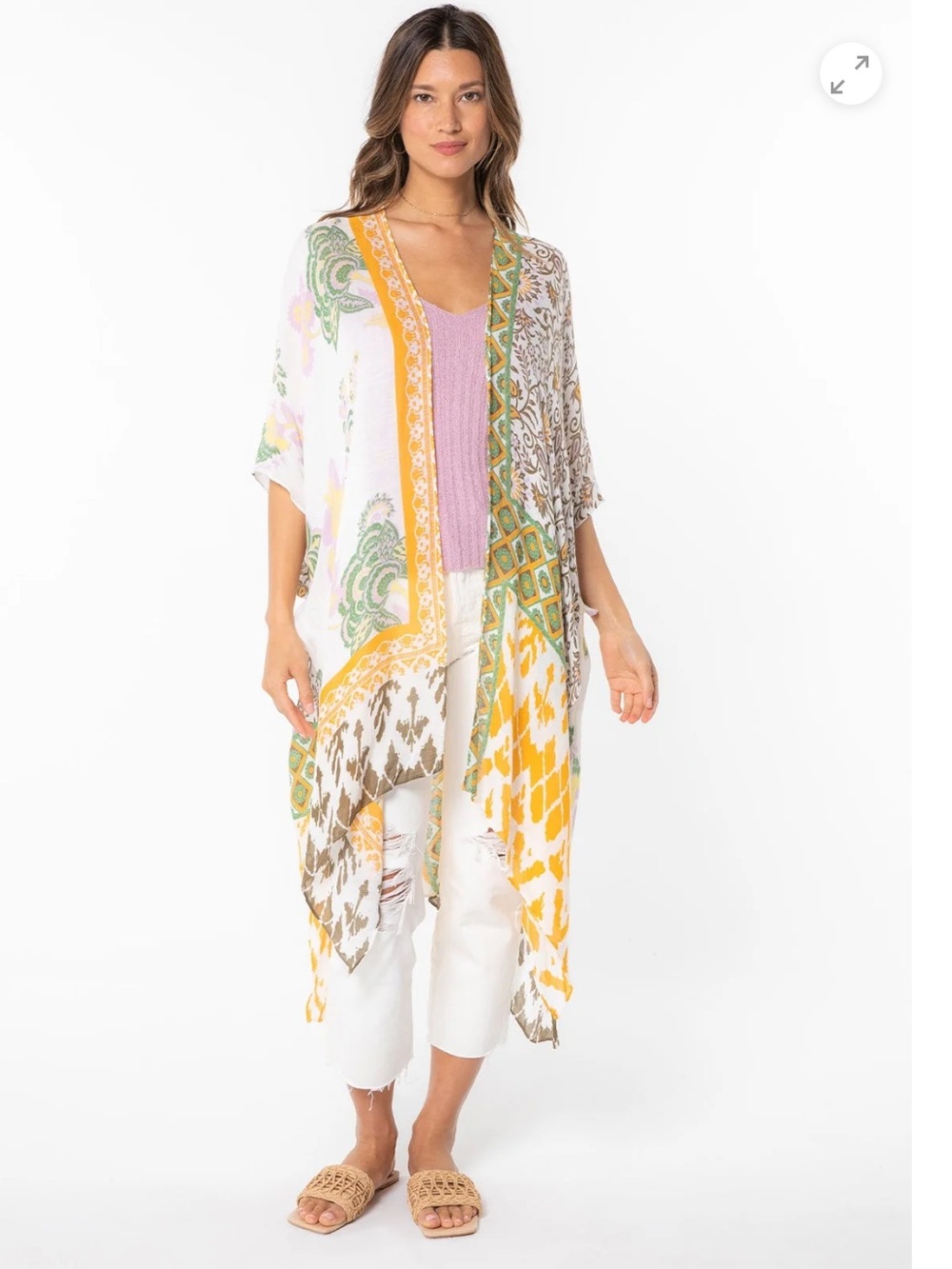 Roffe Vintage Lightweight Printed Kimono. Yellow/Green/Pink Viscose. One Size.